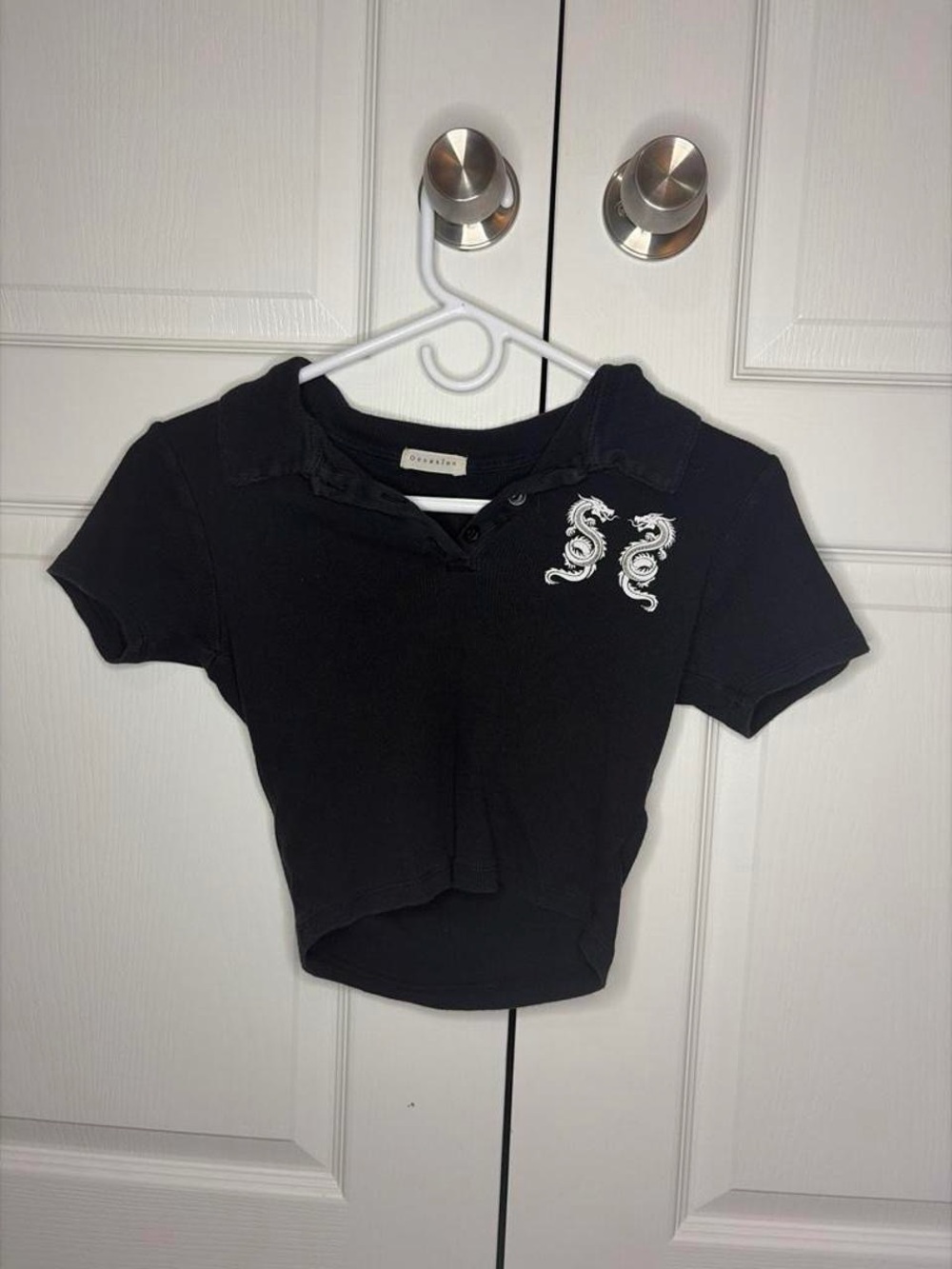Occasion Black Cropped Polo Top with White Dragon Embroidery